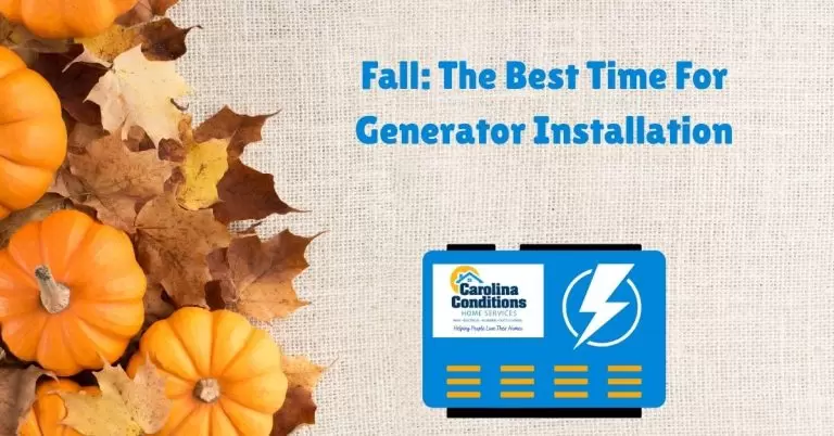 A blog banner for Carolina Conditions shows pumpkins and autumn leaves next to a generator icon with the text 'Fall: The Best Time for Generator Installation'.