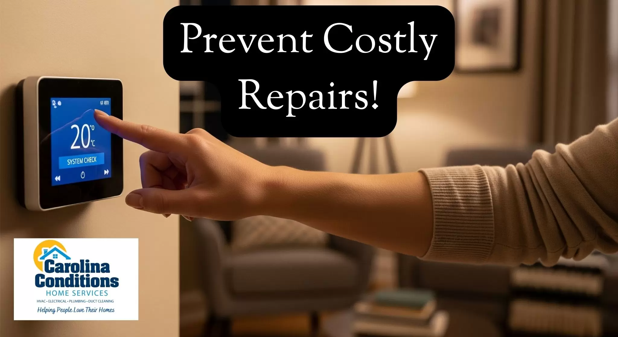 A homeowner uses a digital thermostat to perform a fall furnace maintenance check, with text overlay that reads 'Prevent Costly Repairs!'